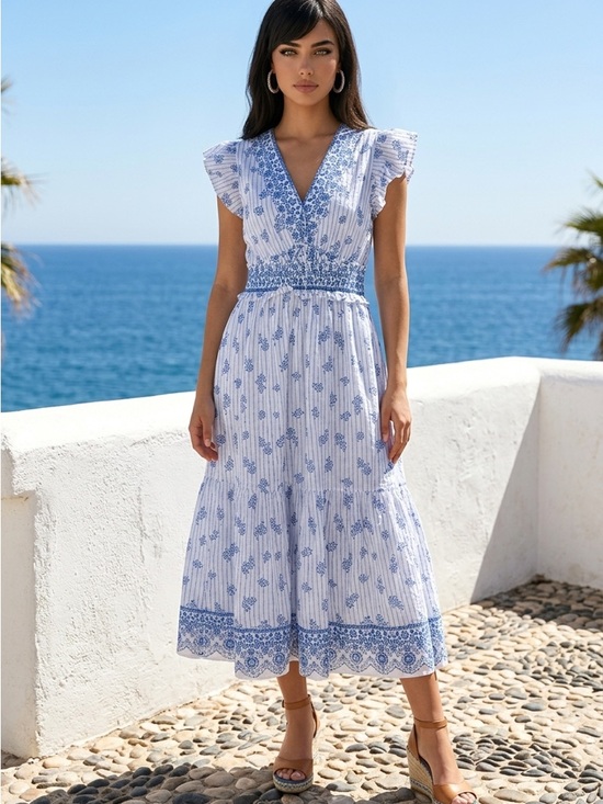 Dresses & Skirts - Lea Blue & White Floral V-Neck Midi Dress